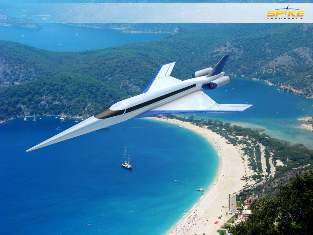 Spike S-512 Quiet Supersonic Jet flies over a serene beach